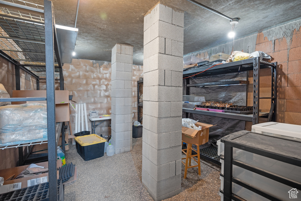 Basement featuring concrete block wall