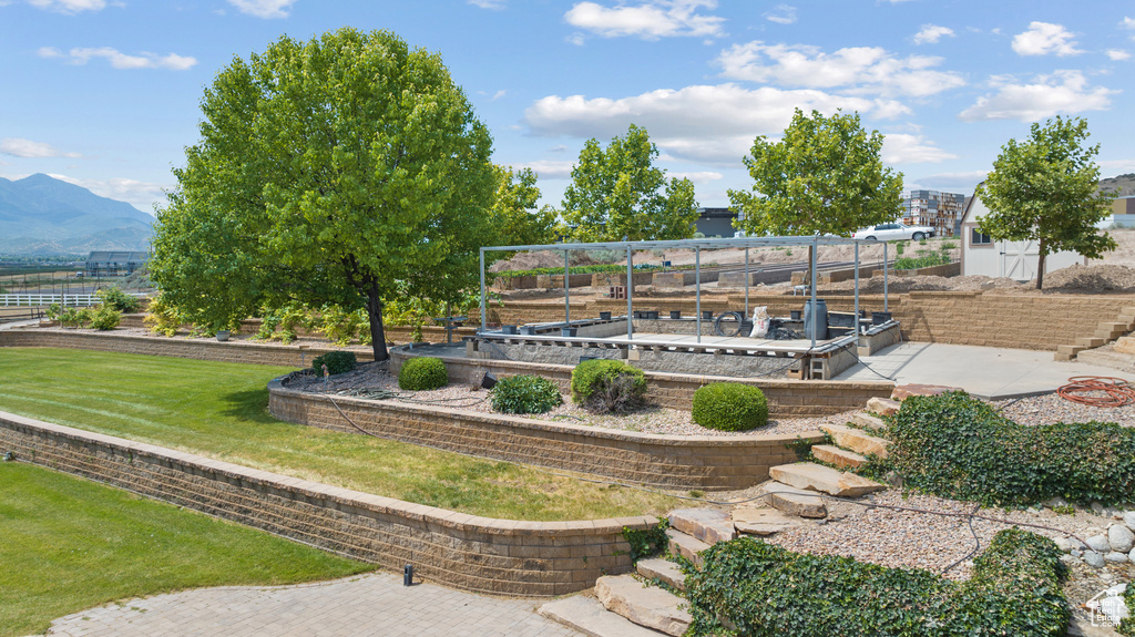 View of community featuring a mountain view and a yard