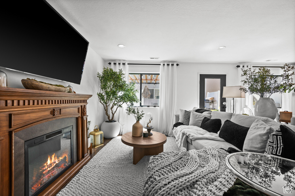 Living room featuring a glass covered fireplace and recessed lighting