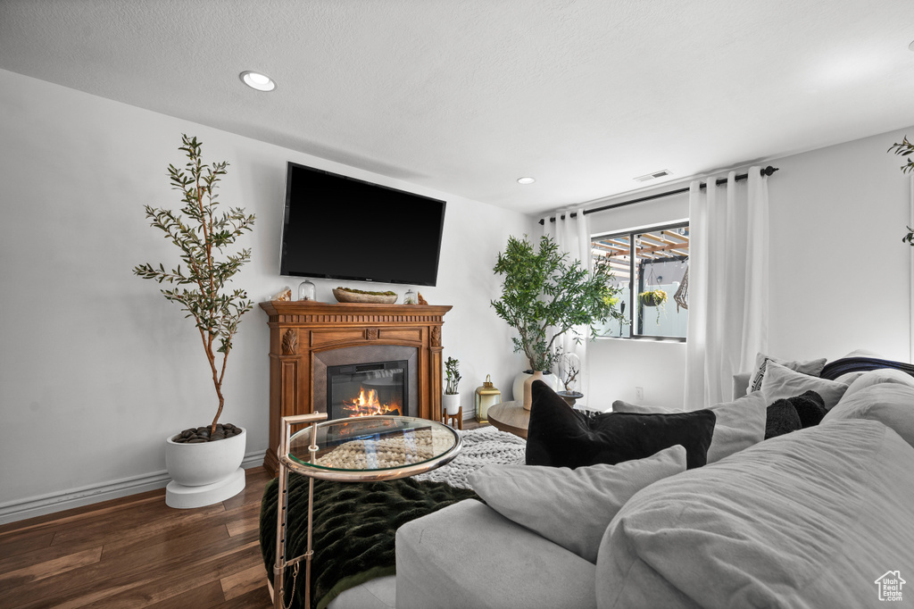 Living room featuring dark wood finished floors, a glass covered fireplace, and recessed lighting