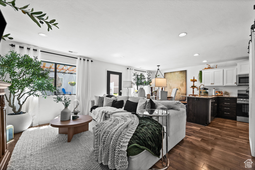 Living area featuring dark wood finished floors and recessed lighting