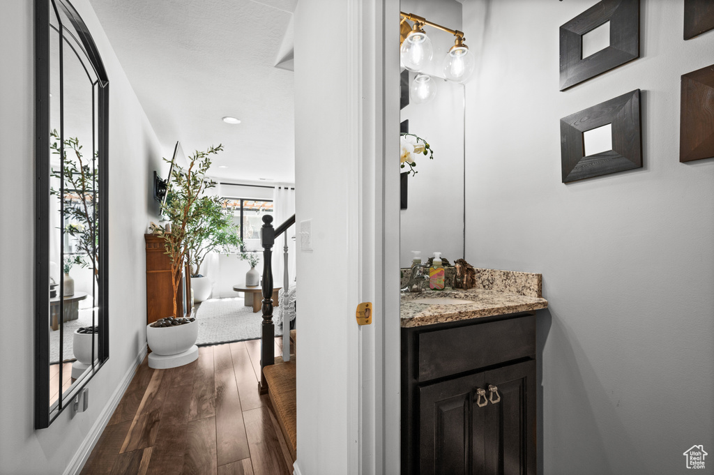 Bathroom featuring wood finished floors and vanity