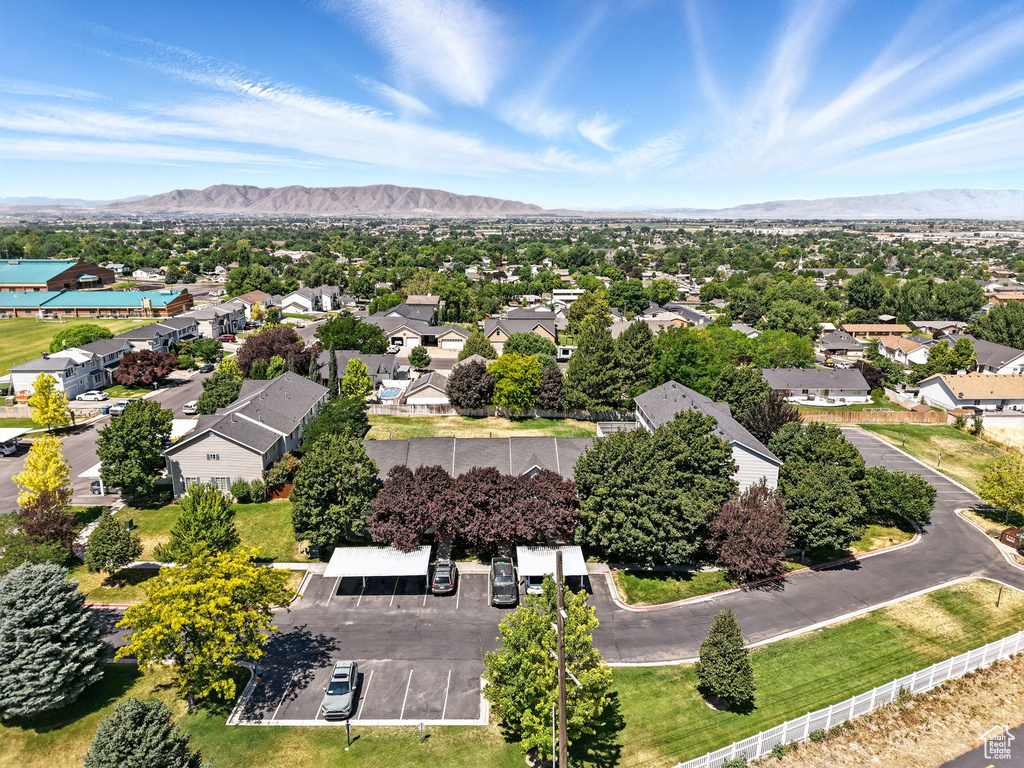 Aerial view of residential area with a mountain backdrop