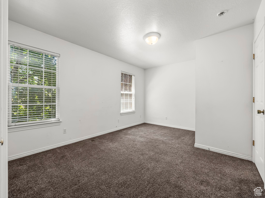Carpeted empty room featuring plenty of natural light and a textured ceiling