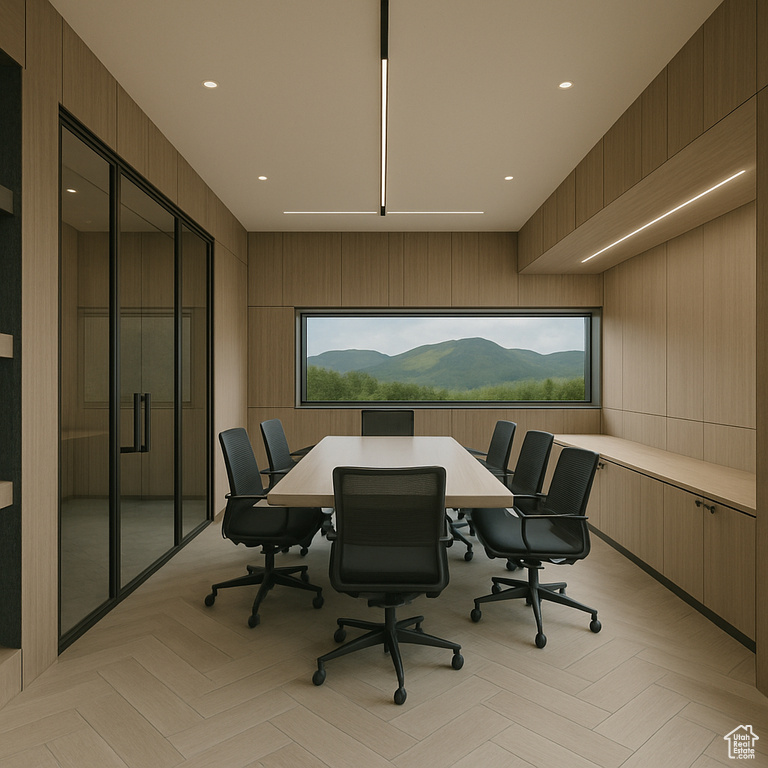 Home office with wood walls