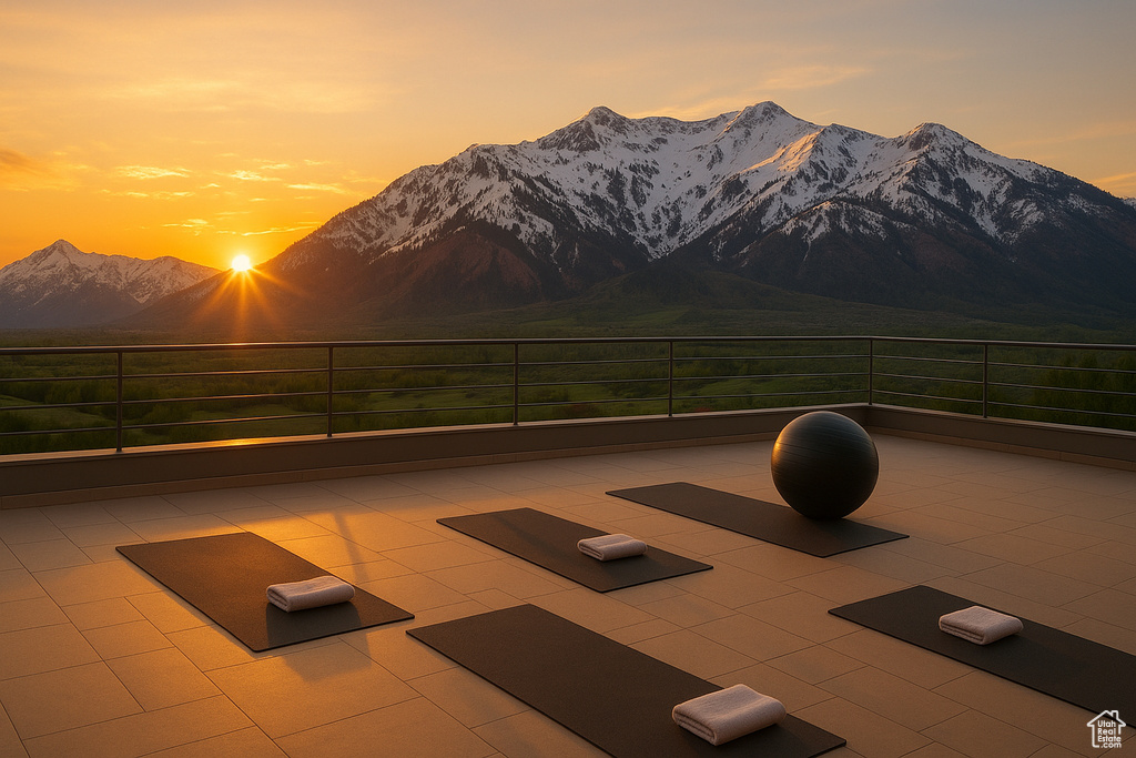 View of patio / terrace with a mountain view