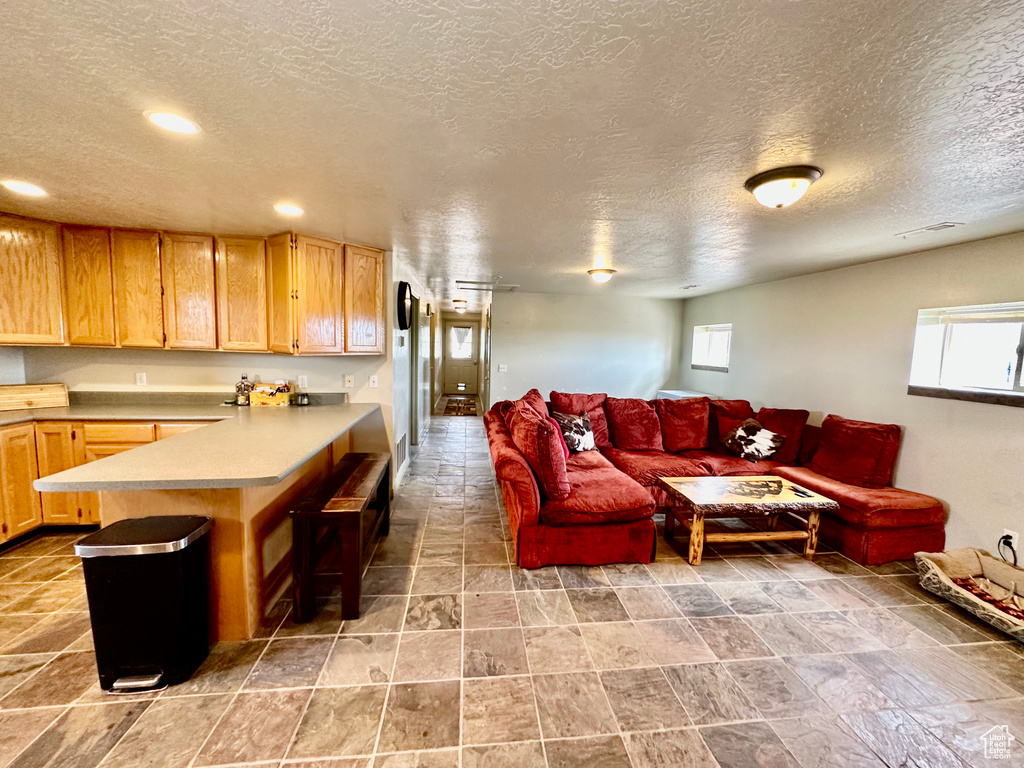 Living room featuring a textured ceiling and recessed lighting