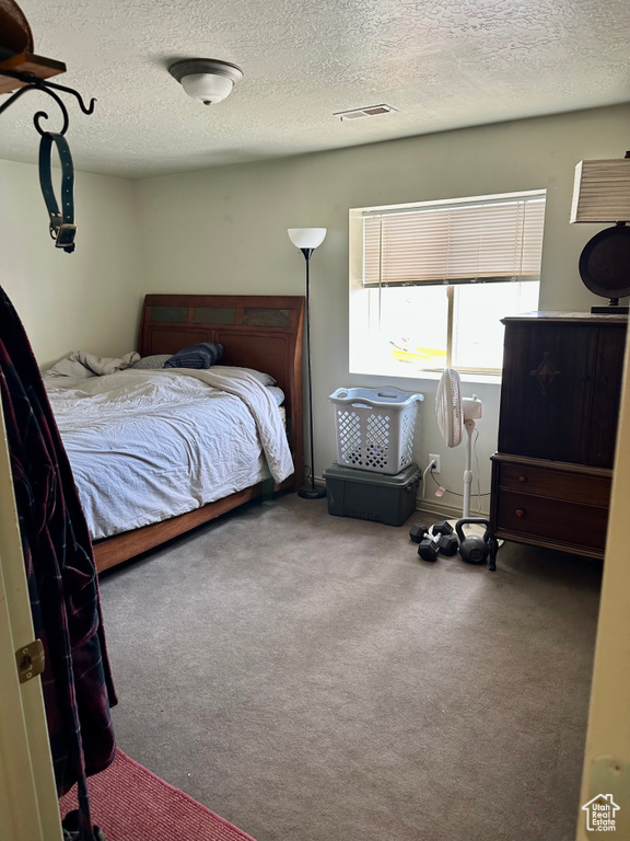 Bedroom featuring carpet flooring and a textured ceiling