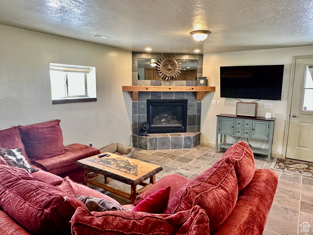 Living area with a textured ceiling and a fireplace