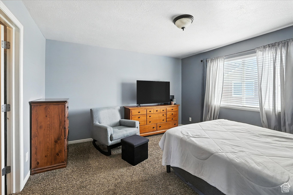 Bedroom with carpet floors and a textured ceiling