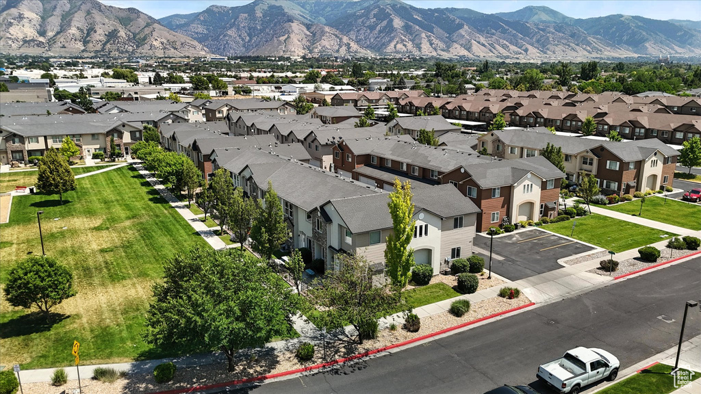 Aerial view of residential area with mountains