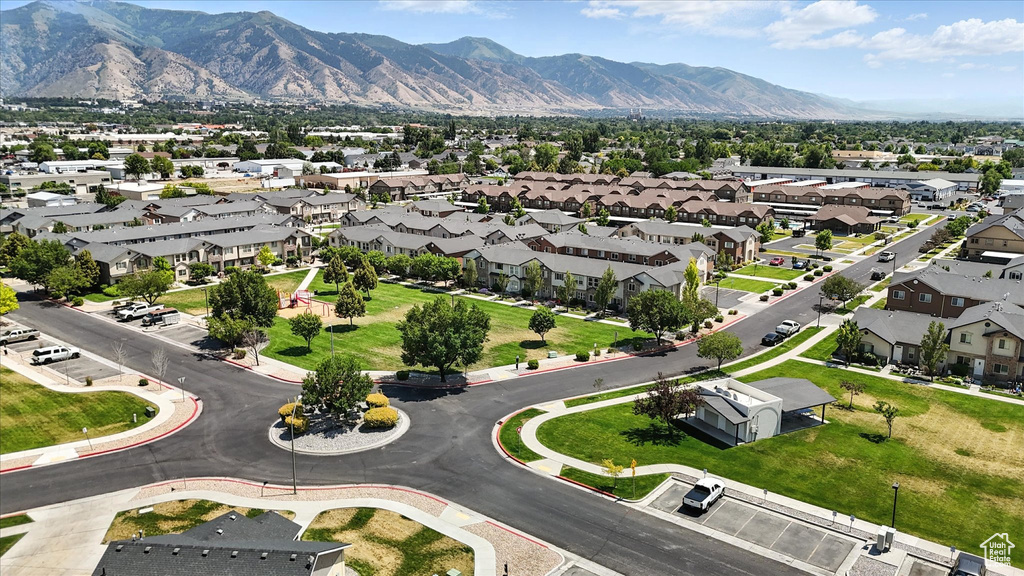 Aerial view of residential area with mountains