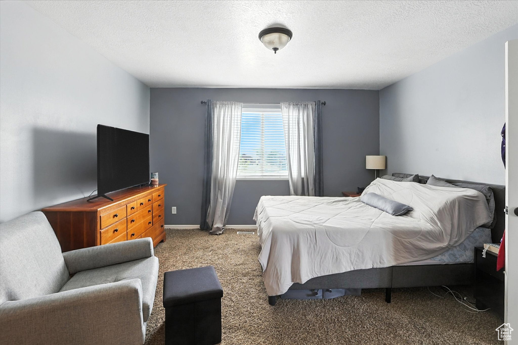 Carpeted bedroom featuring a textured ceiling