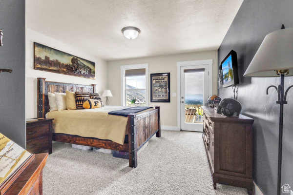 Bedroom with light carpet and access to outside