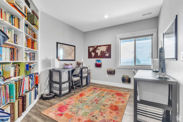 Office featuring wood finished floors and recessed lighting