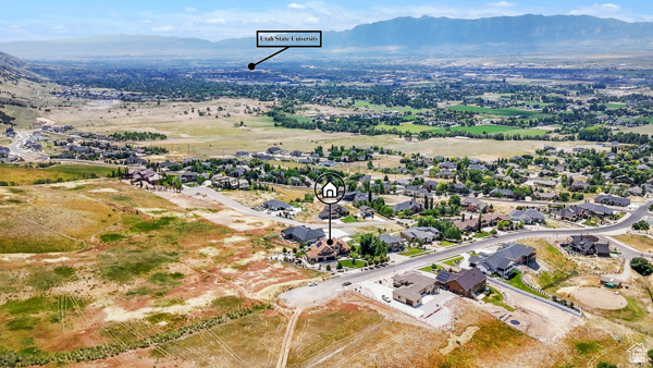 Aerial view of residential area with a mountain backdrop