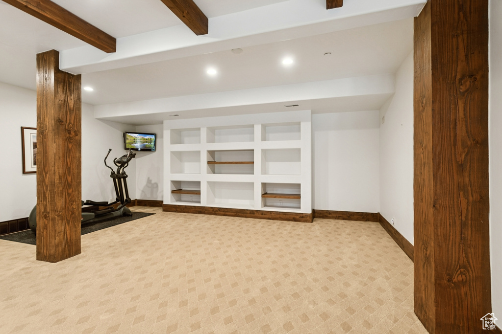Exercise room with recessed lighting and carpet flooring