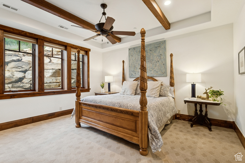 Bedroom with light carpet, beam ceiling, recessed lighting, and a ceiling fan