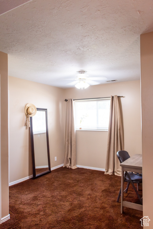 Unfurnished office featuring plenty of natural light, dark colored carpet, ceiling fan, and a textured ceiling