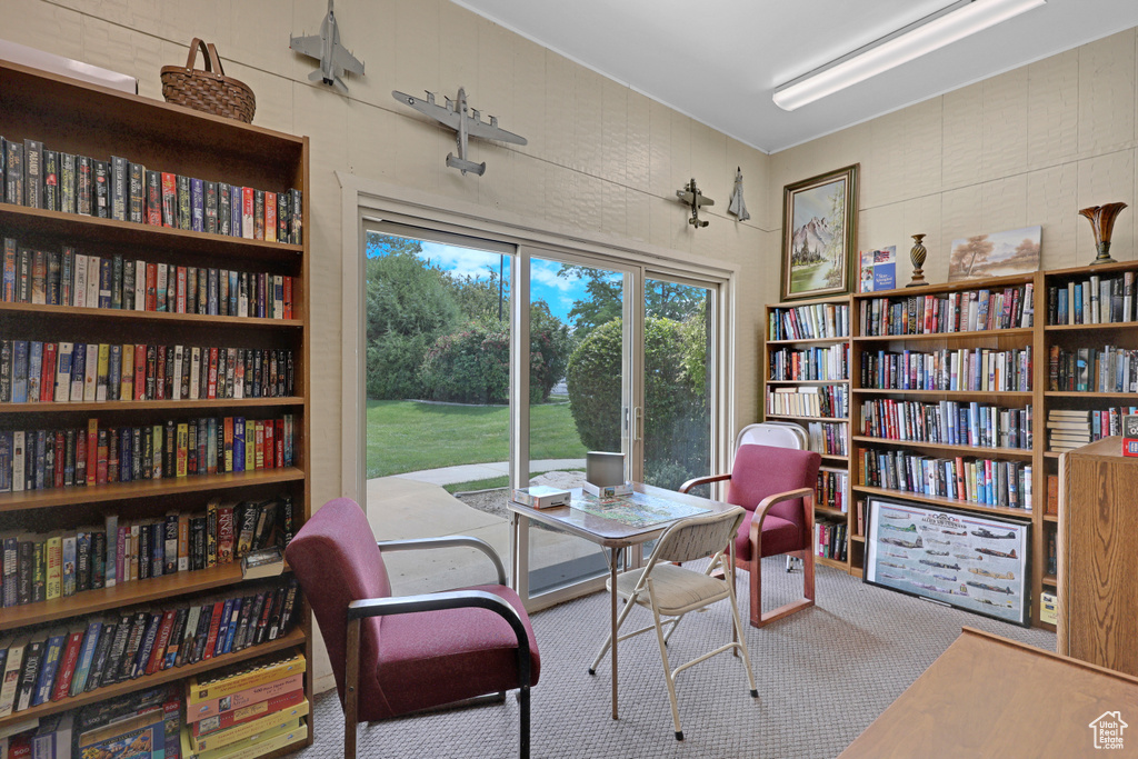 Office space with wall of books and carpet