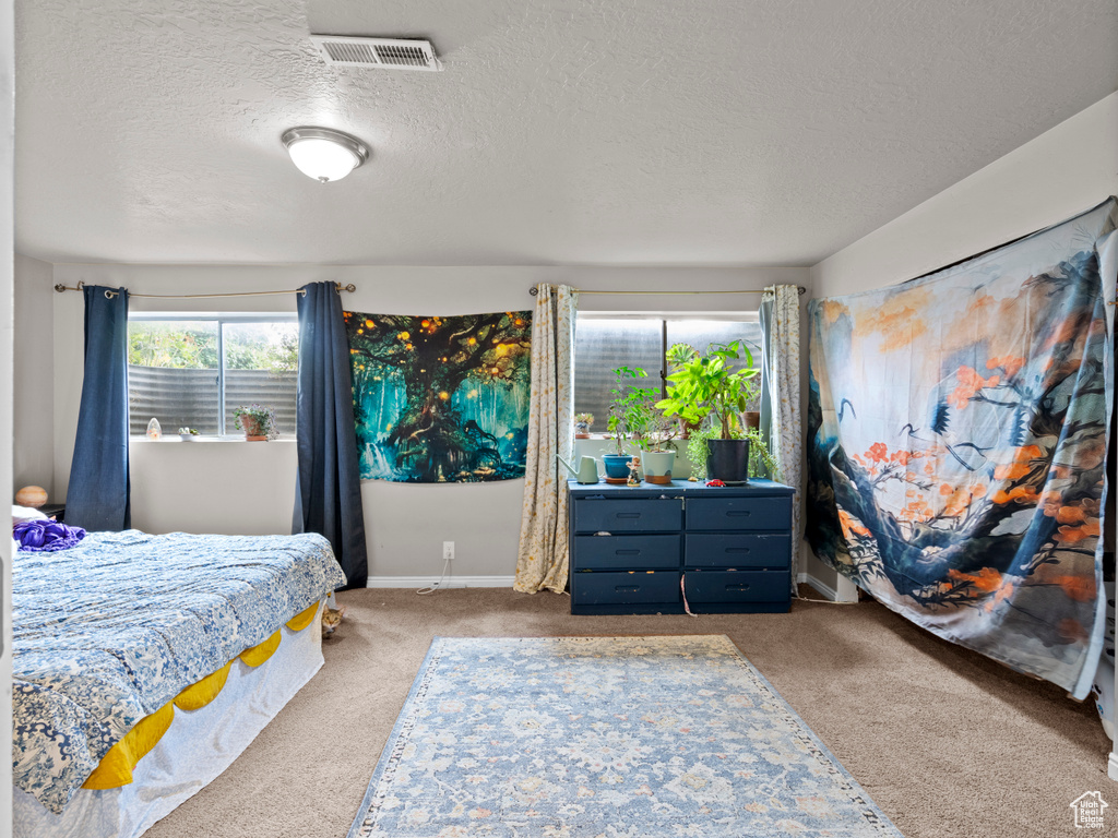 Carpeted bedroom with a textured ceiling