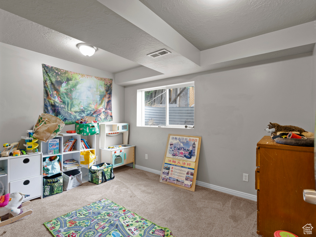 Game room with carpet flooring and a textured ceiling