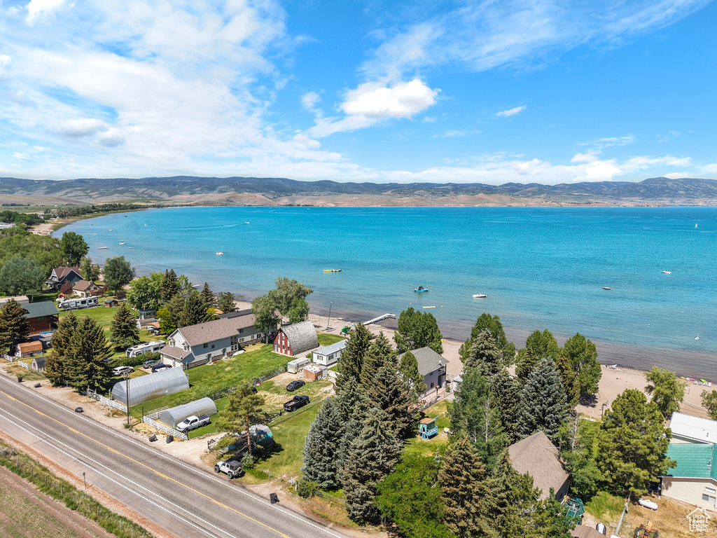 Aerial view of a water and mountain view