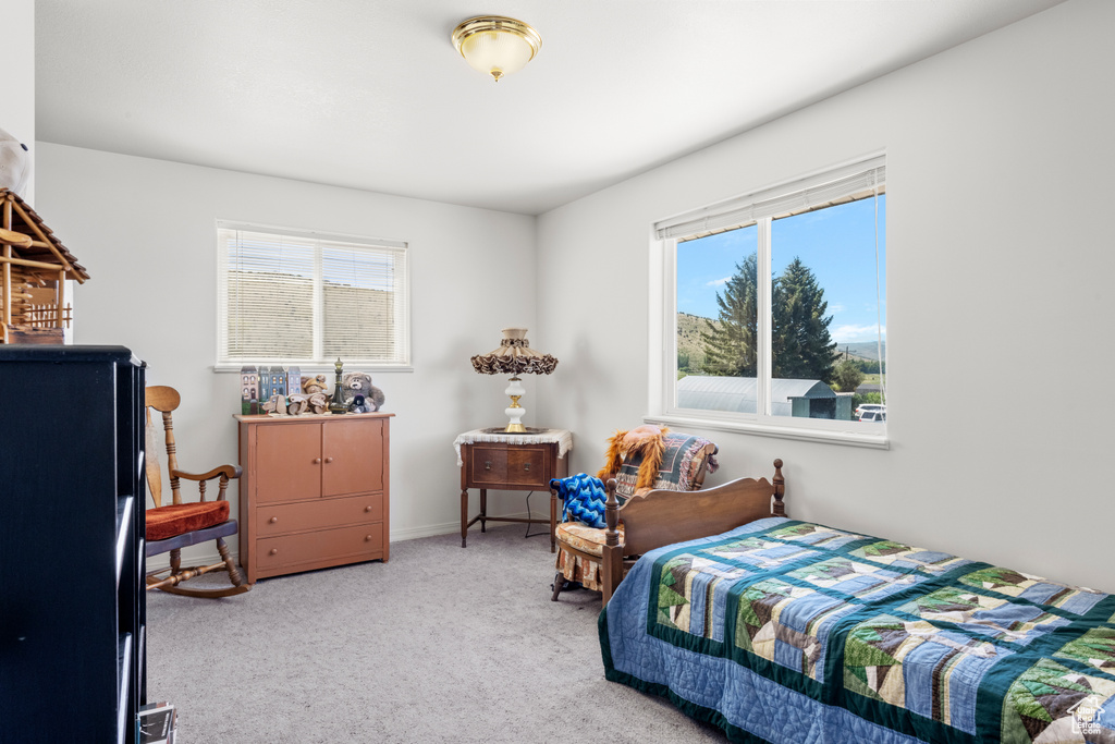 Bedroom featuring multiple windows and light colored carpet