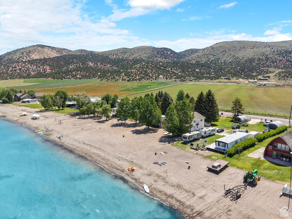 Aerial view of a water and mountain view