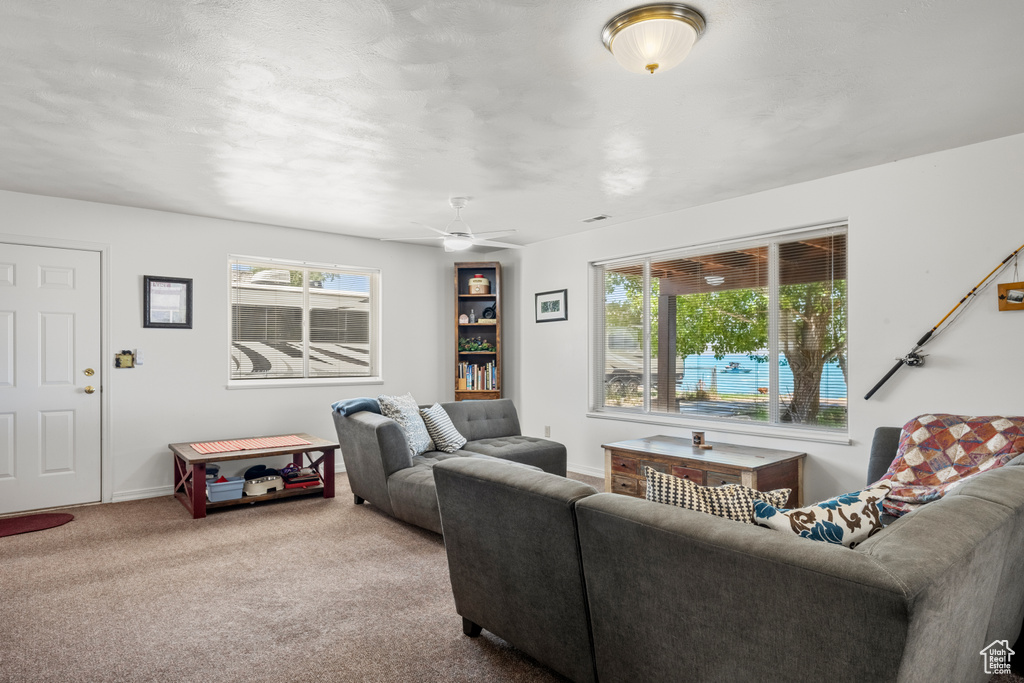 Carpeted living area featuring plenty of natural light and a ceiling fan