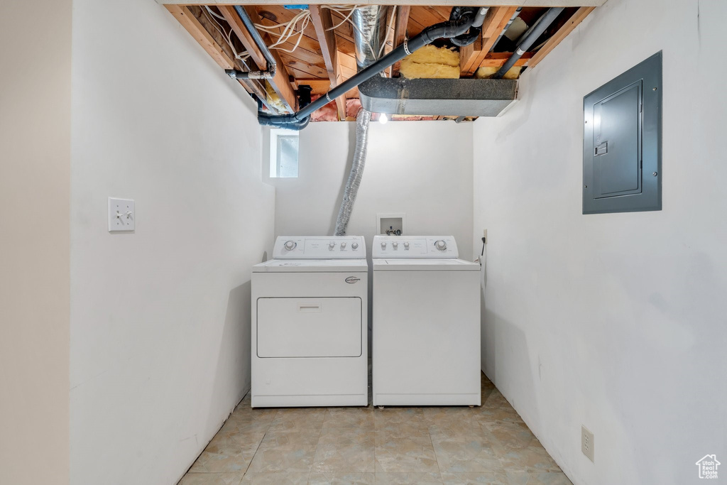 Laundry area with electric panel and washer and dryer