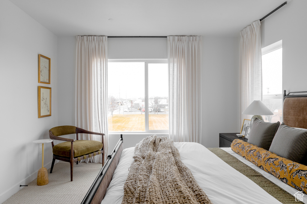 Carpeted bedroom featuring baseboards