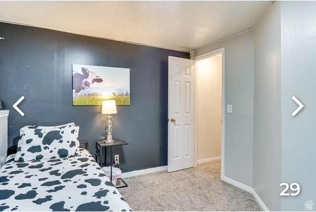 Carpeted bedroom with baseboards