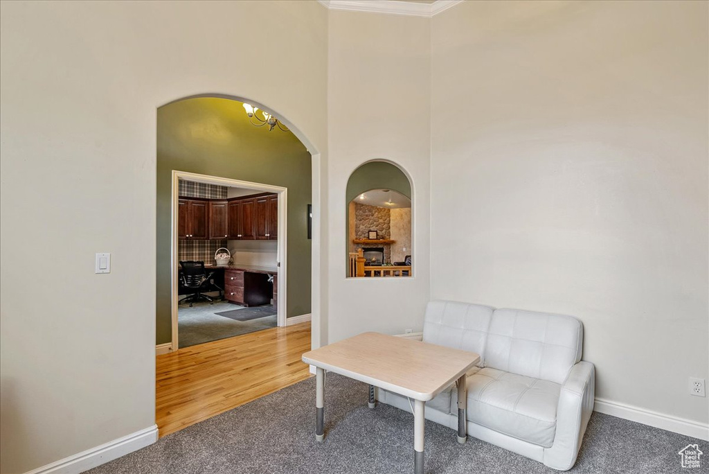 Living area with carpet floors, arched walkways, crown molding, a towering ceiling, and wood finished floors
