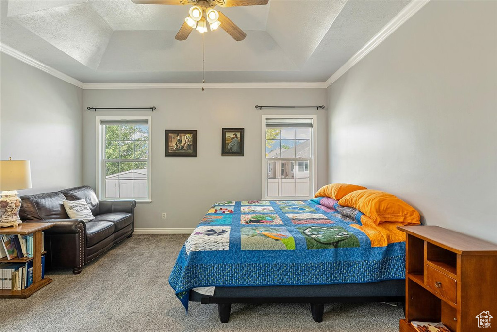 Carpeted bedroom with a raised ceiling, ornamental molding, and a ceiling fan