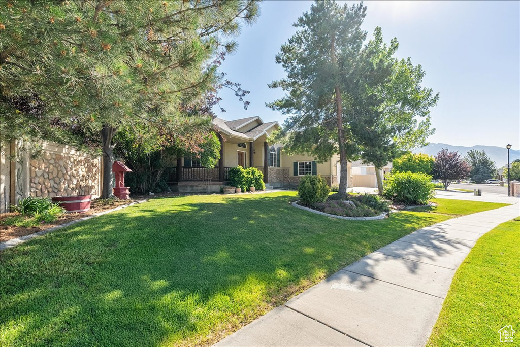 Obstructed view of property featuring a front yard and a mountain view