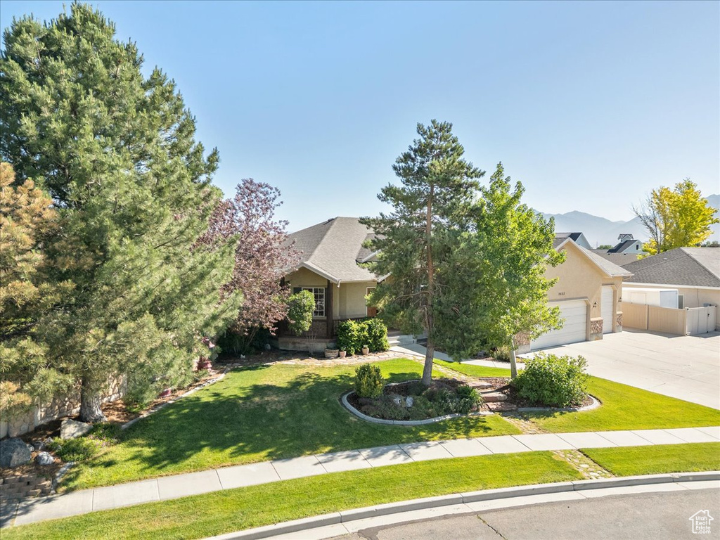 Obstructed view of property with concrete driveway, an attached garage, and stucco siding