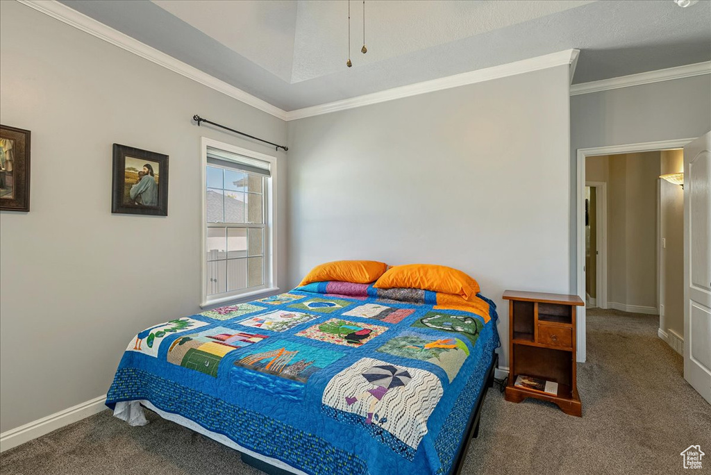 Bedroom with carpet floors and crown molding