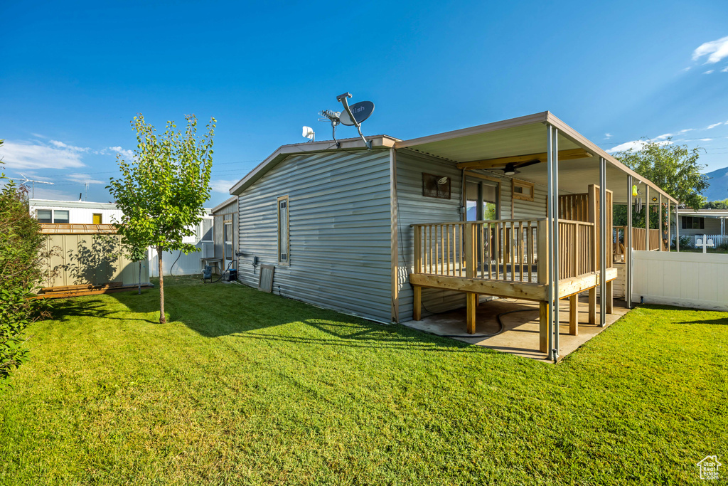 Rear view of property featuring a fenced backyard and a deck
