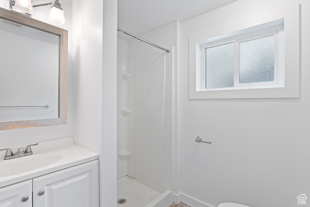 Full bath featuring vanity and a shower