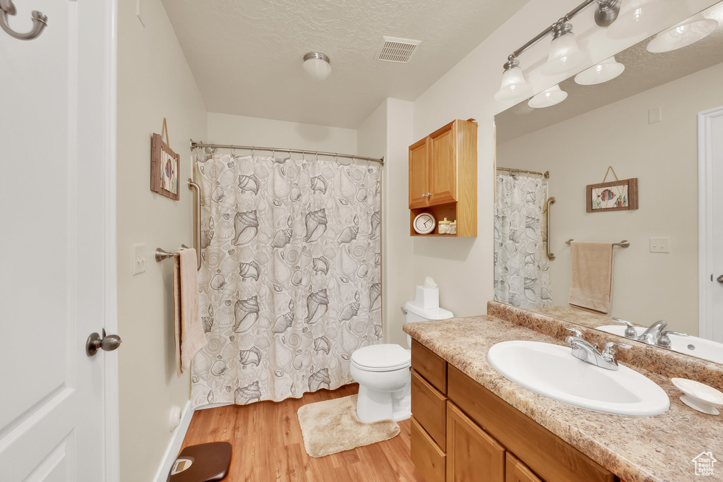 Full bathroom featuring vanity, wood finished floors, a shower with shower curtain, and a textured ceiling