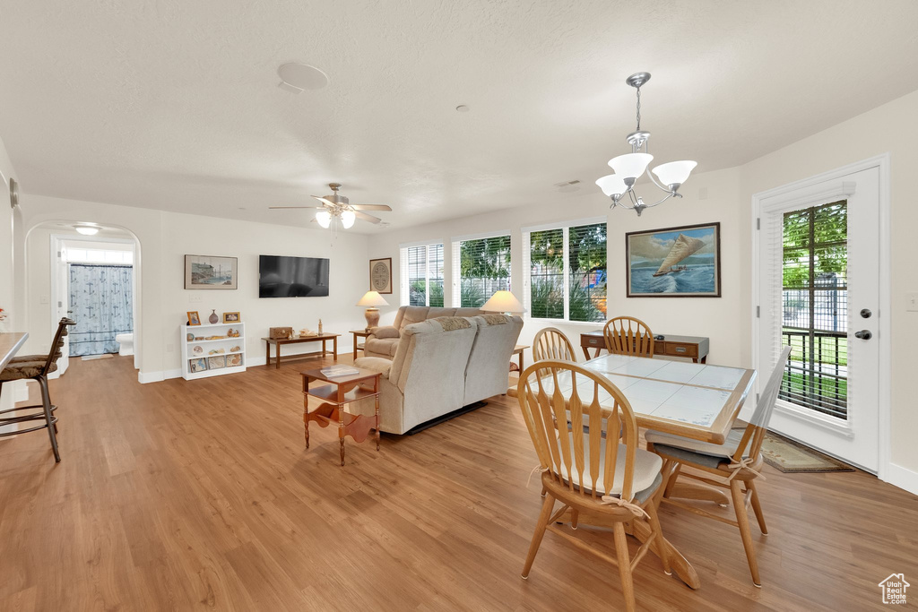 Dining area featuring light wood-style floors, arched walkways, plenty of natural light, and a chandelier