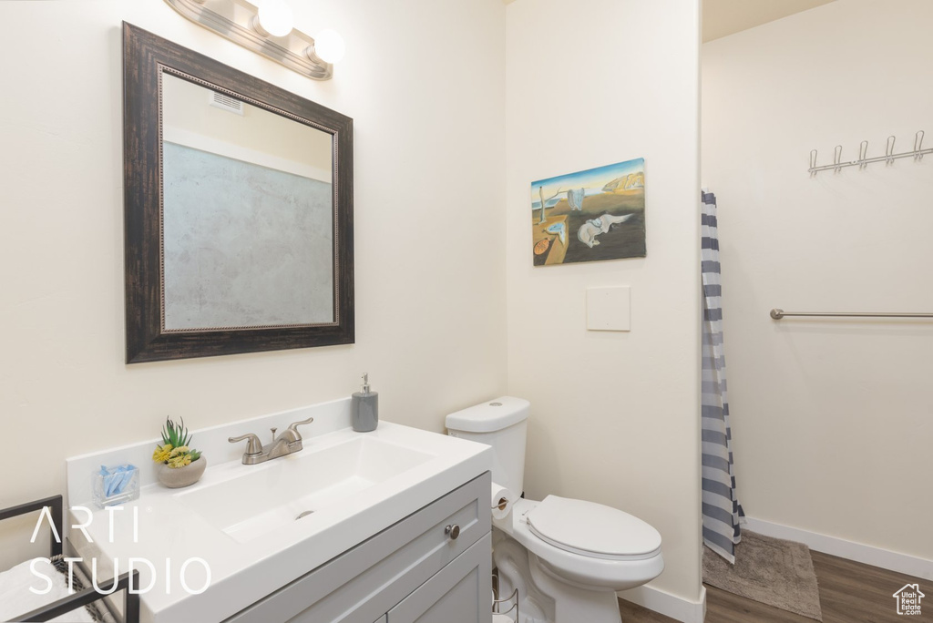 Bathroom featuring vanity, wood finished floors, and a shower with shower curtain