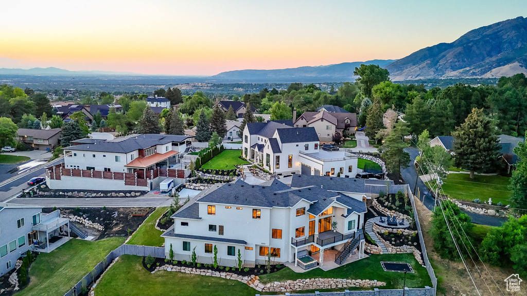 Aerial view at dusk of a mountain view