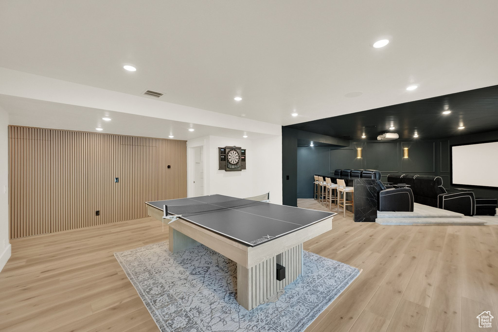Rec room featuring light wood finished floors and recessed lighting