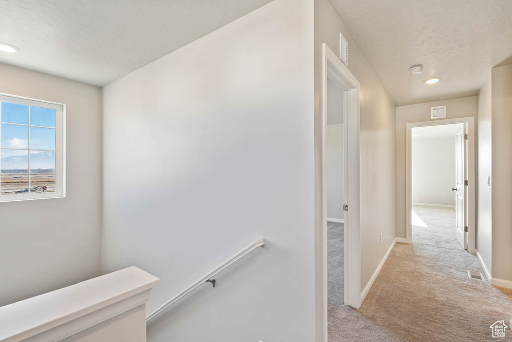 Hall with light colored carpet and an upstairs landing