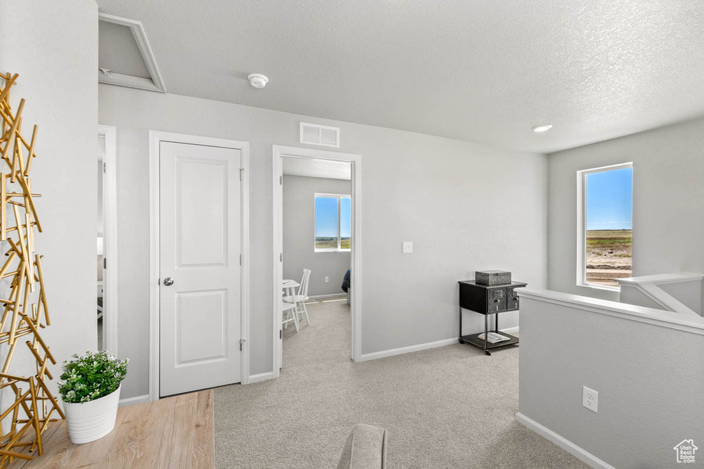 Hallway with plenty of natural light and a textured ceiling
