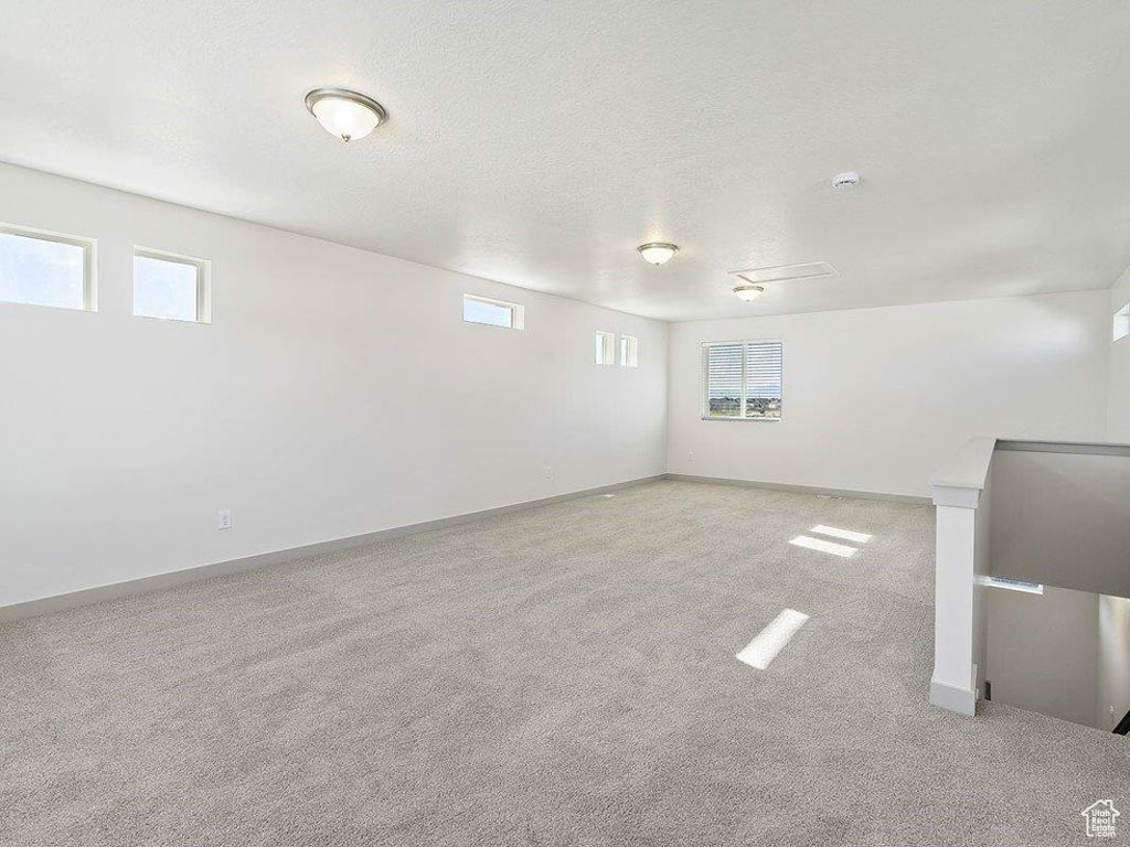 Basement featuring light colored carpet, plenty of natural light, and a textured ceiling