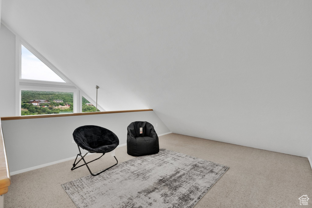 Unfurnished room featuring carpet flooring and lofted ceiling