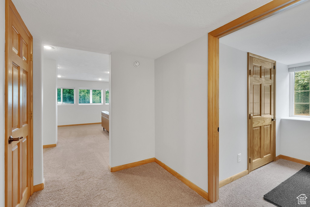 Corridor featuring light carpet and recessed lighting